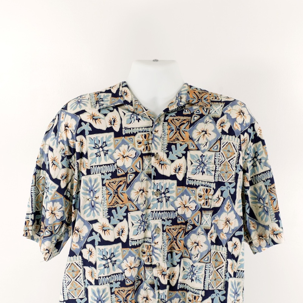 Pierre Cardin Large Blue Cotton Floral Button Down Tropical Shirt Short Sleeve